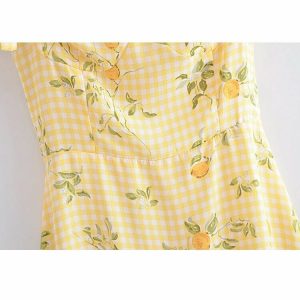 Y2K Lemon Print Plaid Dress - Retro 90s Summer Outfit, Grunge, Pastel Goth, Y2