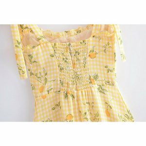 Y2K Lemon Print Plaid Dress - Retro 90s Summer Outfit, Grunge, Pastel Goth, Y2