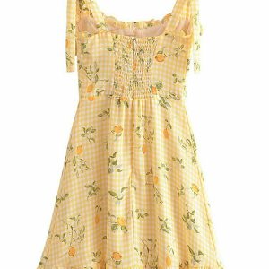 Y2K Lemon Print Plaid Dress - Retro 90s Summer Outfit, Grunge, Pastel Goth, Y2