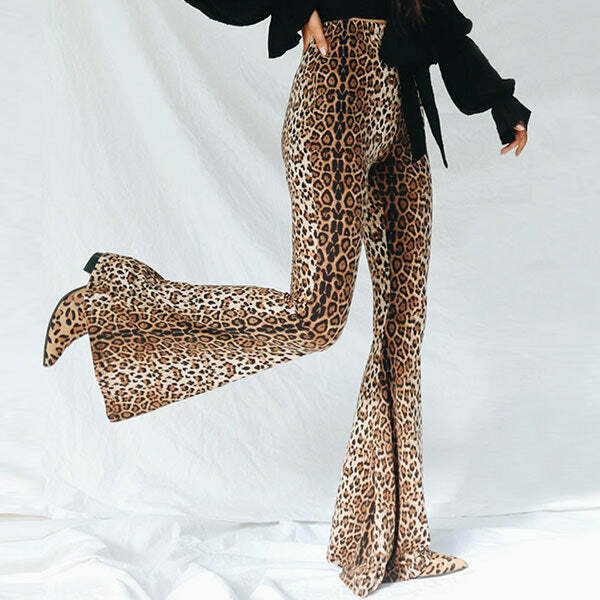 Y2K Leopard Flared Trousers - 90s Grunge, Retro Summer, Party & Club Outfits for