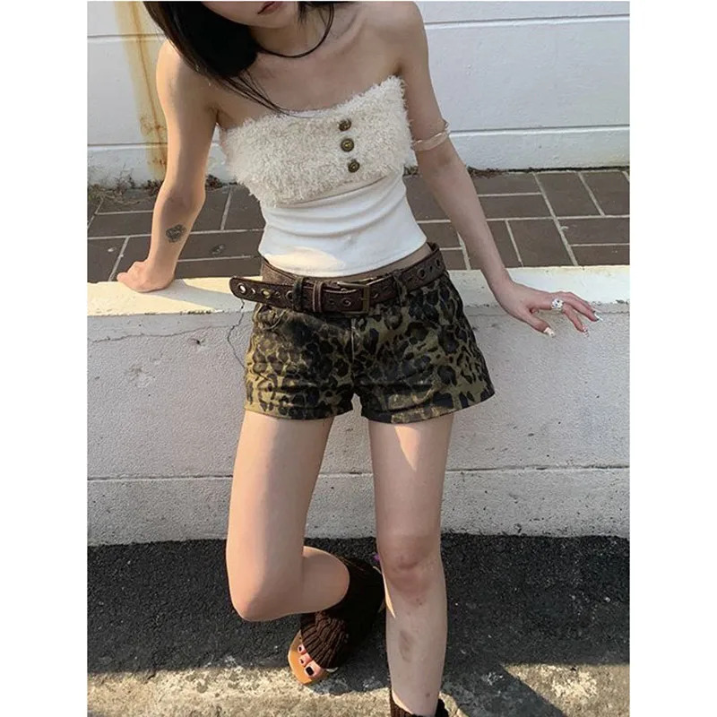 Y2K Leopard Print Ripped High Waist Mini Cowboy Shorts - Streetwear Fashion