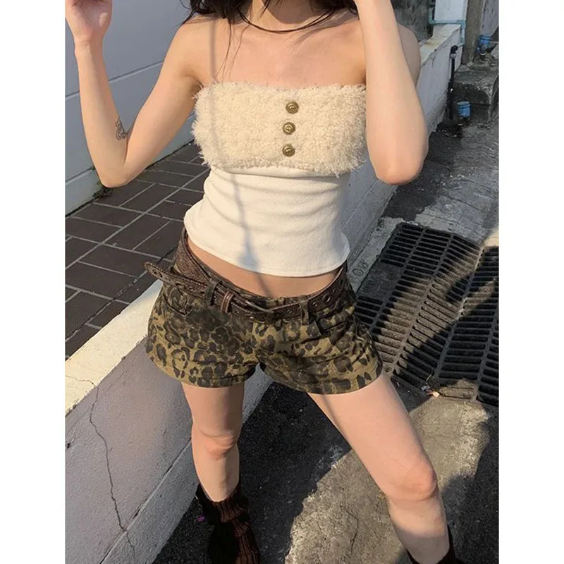 Y2K Leopard Print Ripped High Waist Mini Cowboy Shorts - Streetwear Fashion