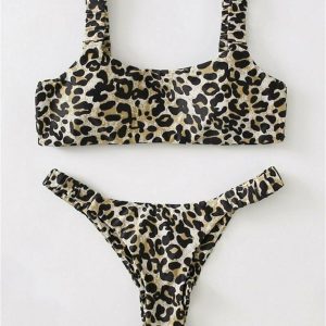 Y2K Leopard Print Swimsuit - Retro 90s Grunge Summer Outfit, Pastel Goth Beachwear