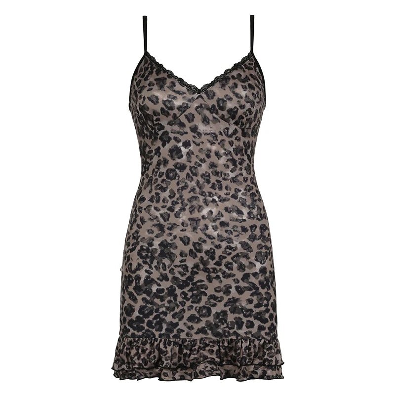 Y2K Leopard Spaghetti Strap Dress - 90s Grunge Summer Outfit, Retro Party Fashion