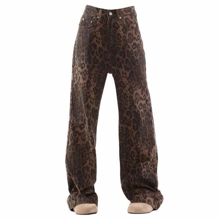 Y2K Leopard Wide Leg Jeans - 90s Grunge, Retro Summer, and Party Outfits for Women