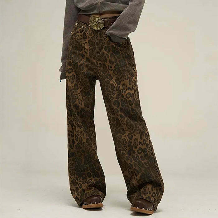 Y2K Leopard Wide Leg Jeans - 90s Grunge, Retro Summer, and Party Outfits for Women