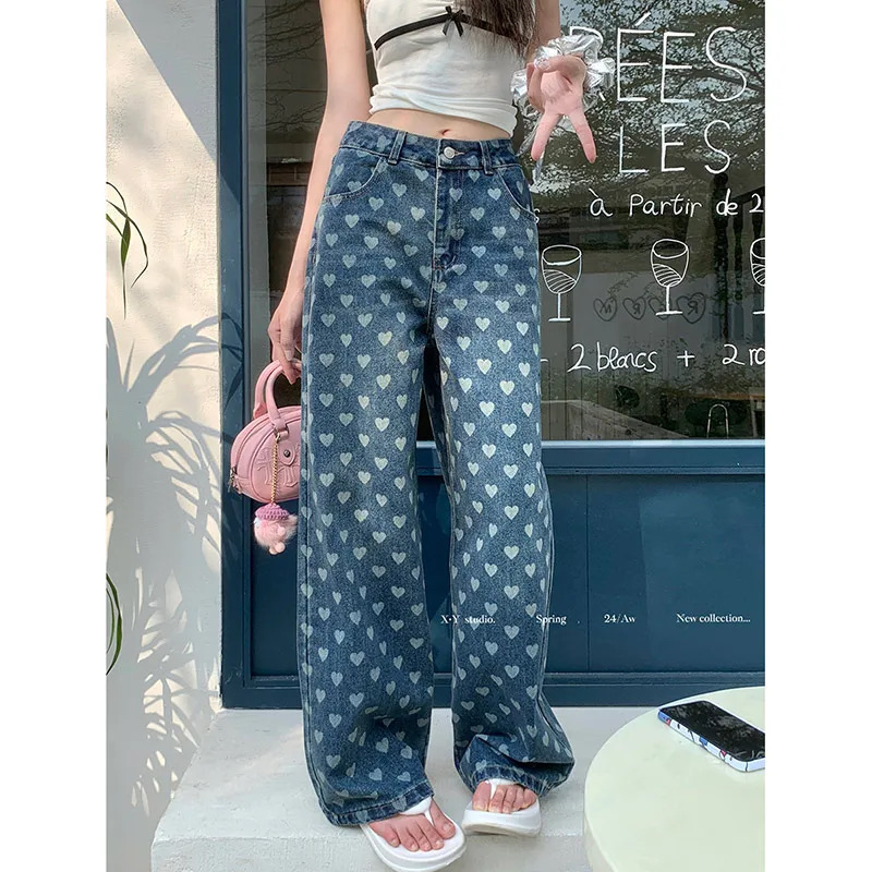 Y2K Love Jeans Trousers: Full-Print Loose Casual Wide-Leg Pants