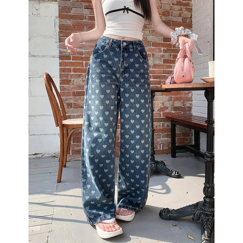 Y2K Love Jeans Trousers: Full-Print Loose Casual Wide-Leg Pants