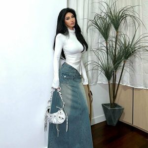 Y2K Maxi Long Denim Skirt - Retro 90s Grunge Summer Outfit, Y2K Fashion, Pastel