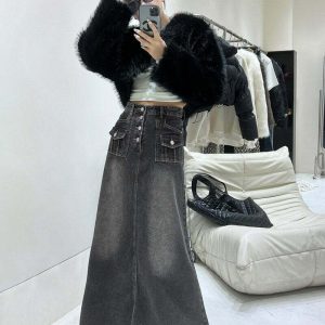 Y2K Maxi Long Denim Skirt - Retro 90s Grunge Summer Outfit, Y2K Fashion, Pastel