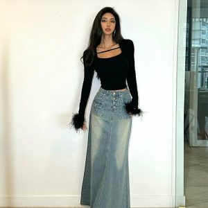 Y2K Maxi Long Denim Skirt - Retro 90s Grunge Summer Outfit, Y2K Fashion, Pastel