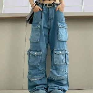 Y2K Multi-Pocket Jeans - 90s Grunge, Retro Style, Summer Outfits, Y2K Fashion