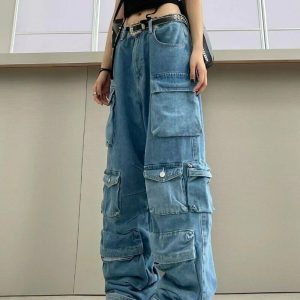 Y2K Multi-Pocket Jeans - 90s Grunge, Retro Style, Summer Outfits, Y2K Fashion