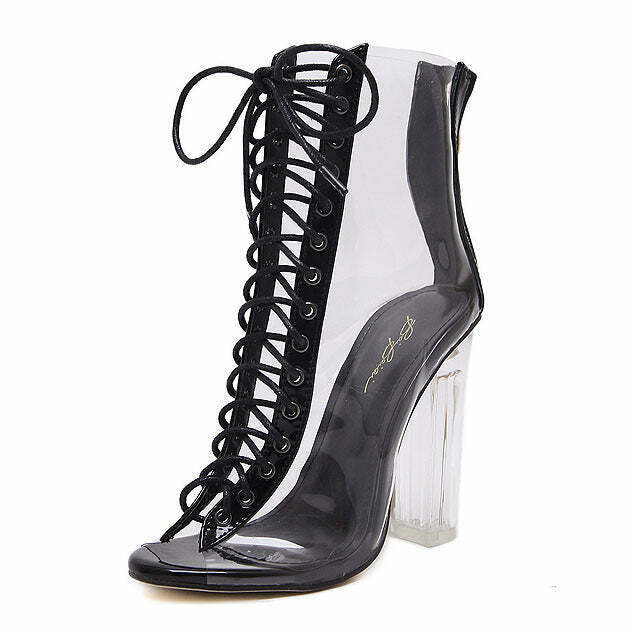 Y2K Nude Clear Lace Up Heels - Perfect for 90s Fashion, Grunge, and Retro Summer Outfits