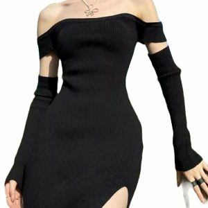 Y2K Off Shoulder Knit Dress - 90s Grunge, Retro Summer, Party & Club Outfits for Women