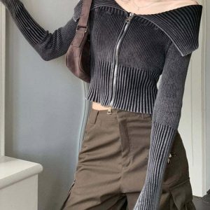 Y2K Off-Shoulder Zip-Up Top - 90s Grunge, Retro Summer, Party & Club Outfits