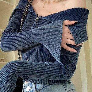 Y2K Off-Shoulder Zip-Up Top - 90s Grunge, Retro Summer, Party & Club Outfits