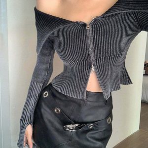 Y2K Off-Shoulder Zip-Up Top - 90s Grunge, Retro Summer, Party & Club Outfits