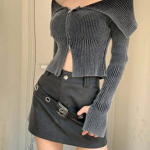 Y2K Off-Shoulder Zip-Up Top - 90s Grunge, Retro Summer, Party & Club Outfits