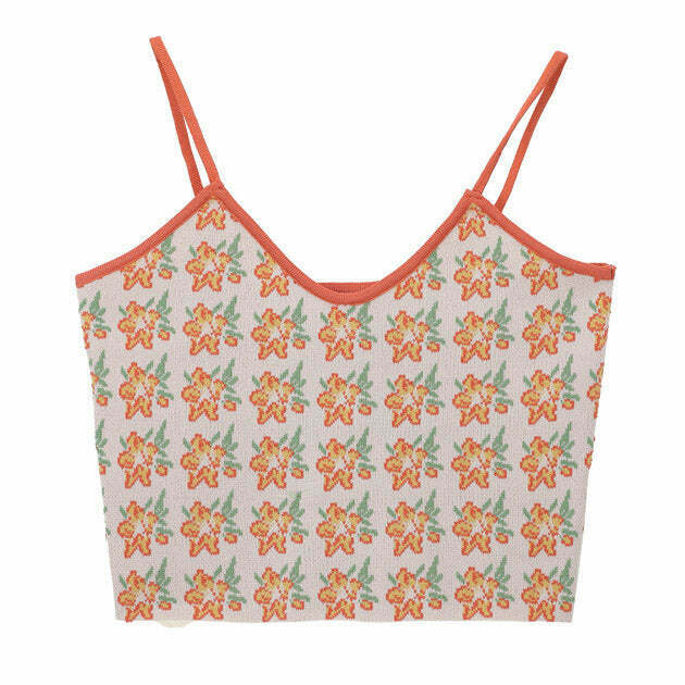 Y2K Orange Flower Knit Tank - Retro 90s Summer Outfit, Grunge, Pastel Goth, Popstar Style