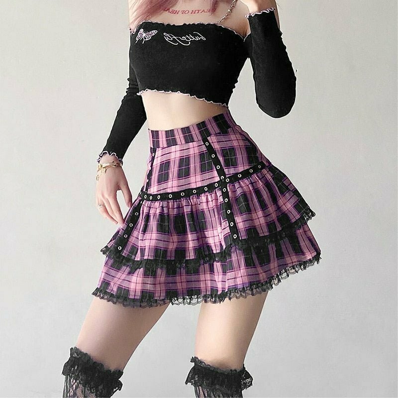 Y2K Pastel Goth Mini Plaid Skirt - Retro 90s Grunge Summer Outfit for Women