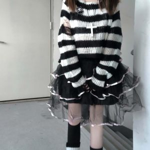 Y2K Pastel Goth Striped Sweater - Retro 90s Grunge, Summer Outfits, and Club Fashion