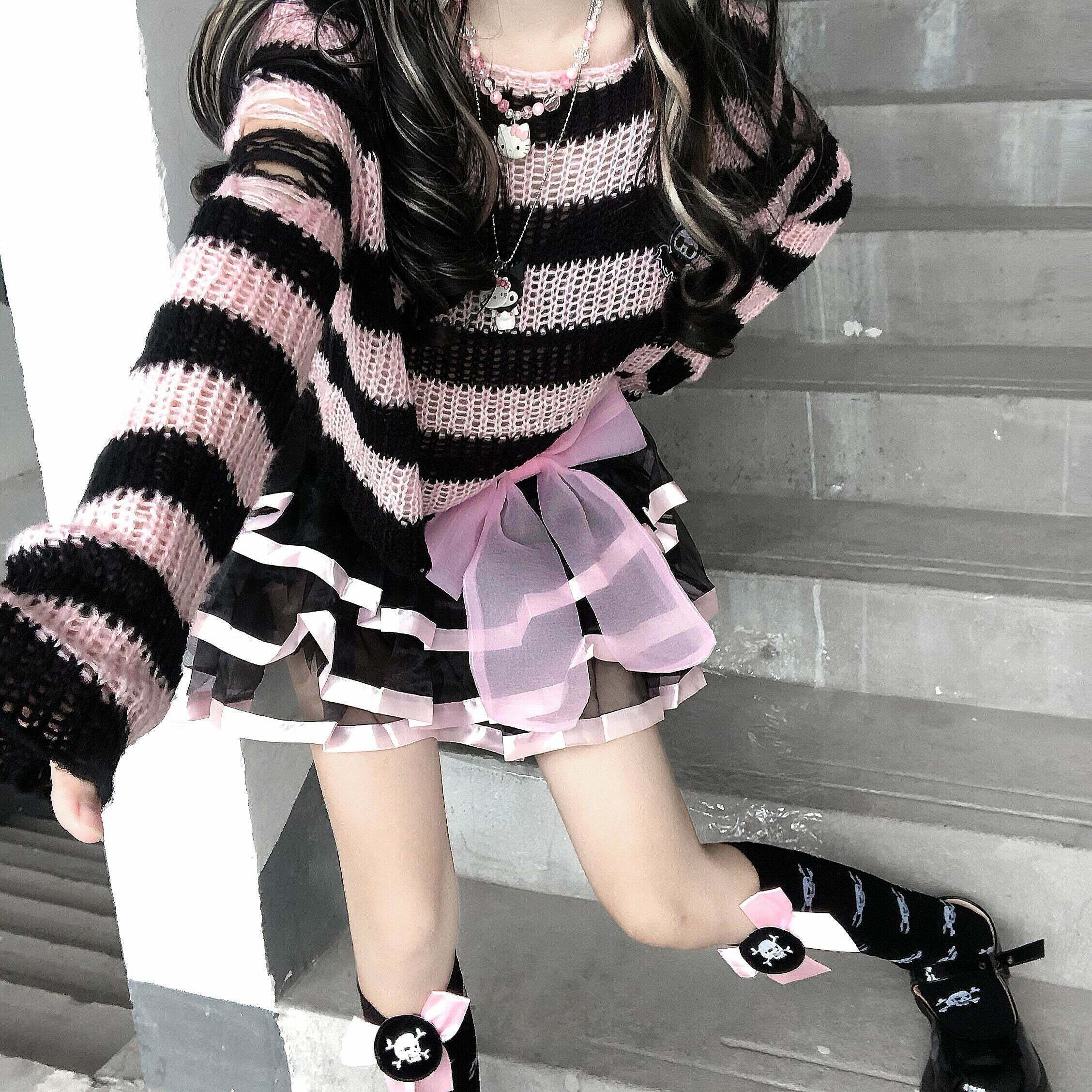 Y2K Pastel Goth Striped Sweater - Retro 90s Grunge, Summer Outfits, and Club Fashion