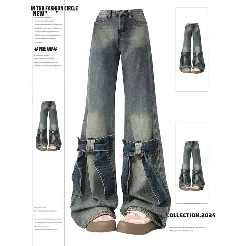 Y2K Patchwork Flare Jeans: Vintage Harajuku Denim Trousers