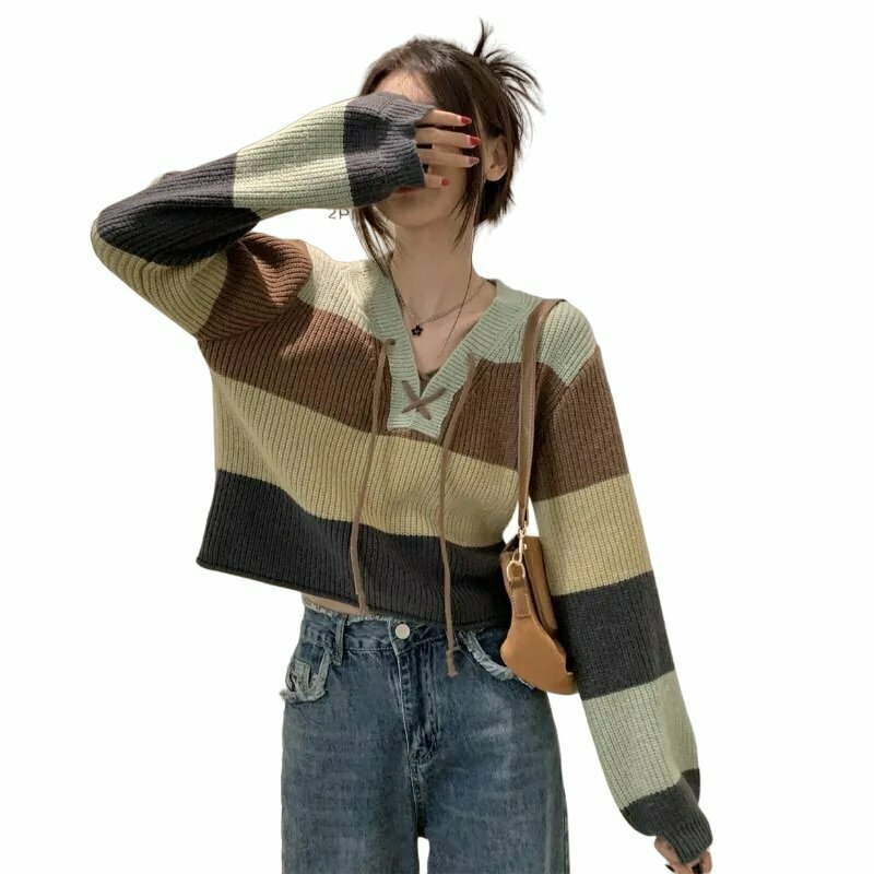 Y2K Patchwork Lace-Up Sweater - Retro 90s Grunge, Summer Outfits, and Pastel Goth