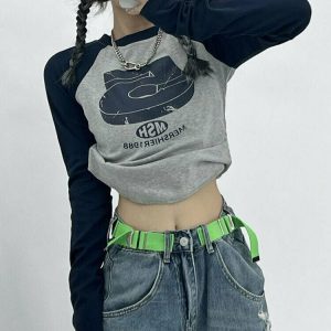 Y2K Patchwork Retro Crop Top - 90s Grunge, Summer Outfits, Party & Club Fashion