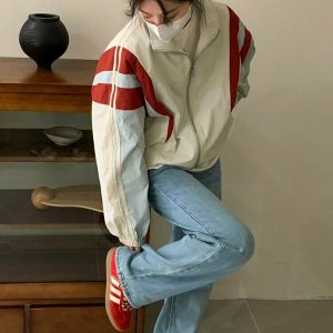 Y2K Patchwork Striped Bomber Jacket - 90s Grunge, Retro Summer, and Party Outfits