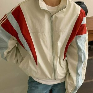 Y2K Patchwork Striped Bomber Jacket - 90s Grunge, Retro Summer, and Party Outfits