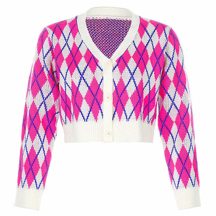 Y2K Pink Argyle Check Cardigan - 90s Grunge, Retro Summer Outfit, Y2K Fashion Essential