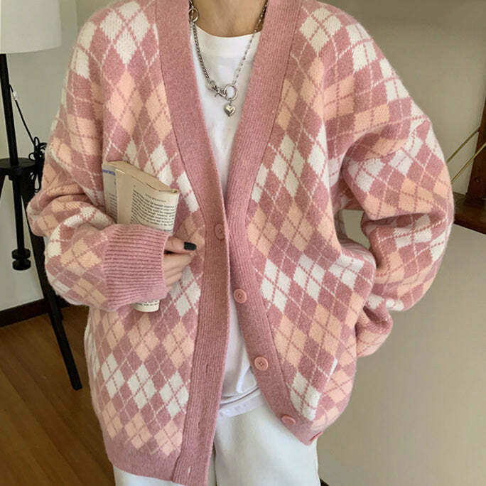 Y2K Pink Argyle Knit Cardigan - Retro 90s Grunge, Summer Outfits, and Pastel Goth