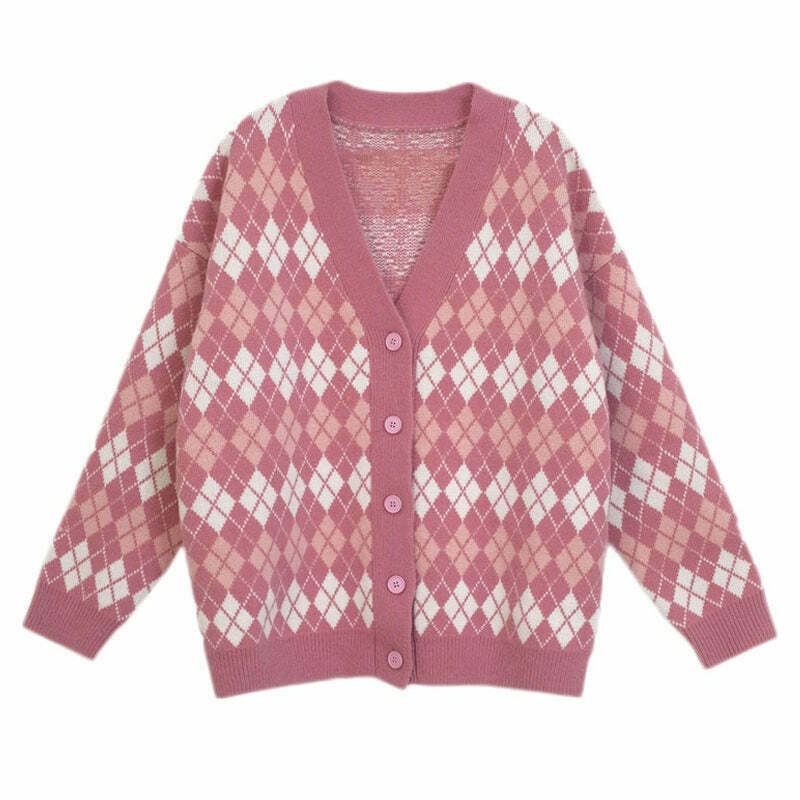 Y2K Pink Argyle Knit Cardigan - Retro 90s Grunge, Summer Outfits, and Pastel Goth