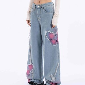 Y2K Pink Butterfly Wide Leg Jeans - 90s Grunge, Retro, Summer, Party, and Club Outfits