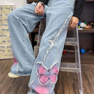 Y2K Pink Butterfly Wide Leg Jeans - 90s Grunge, Retro, Summer, Party, and Club Outfits