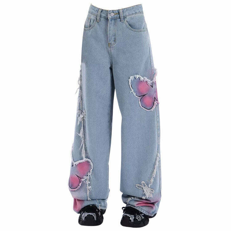 Y2K Pink Butterfly Wide Leg Jeans - 90s Grunge, Retro, Summer, Party, and Club Outfits