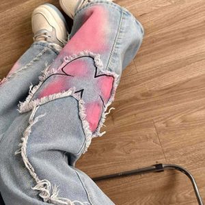 Y2K Pink Butterfly Wide Leg Jeans - 90s Grunge, Retro, Summer, Party, and Club Outfits