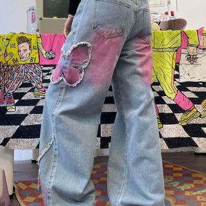 Y2K Pink Butterfly Wide Leg Jeans - 90s Grunge, Retro, Summer, Party, and Club Outfits