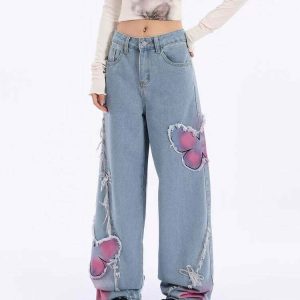 Y2K Pink Butterfly Wide Leg Jeans - 90s Grunge, Retro, Summer, Party, and Club Outfits