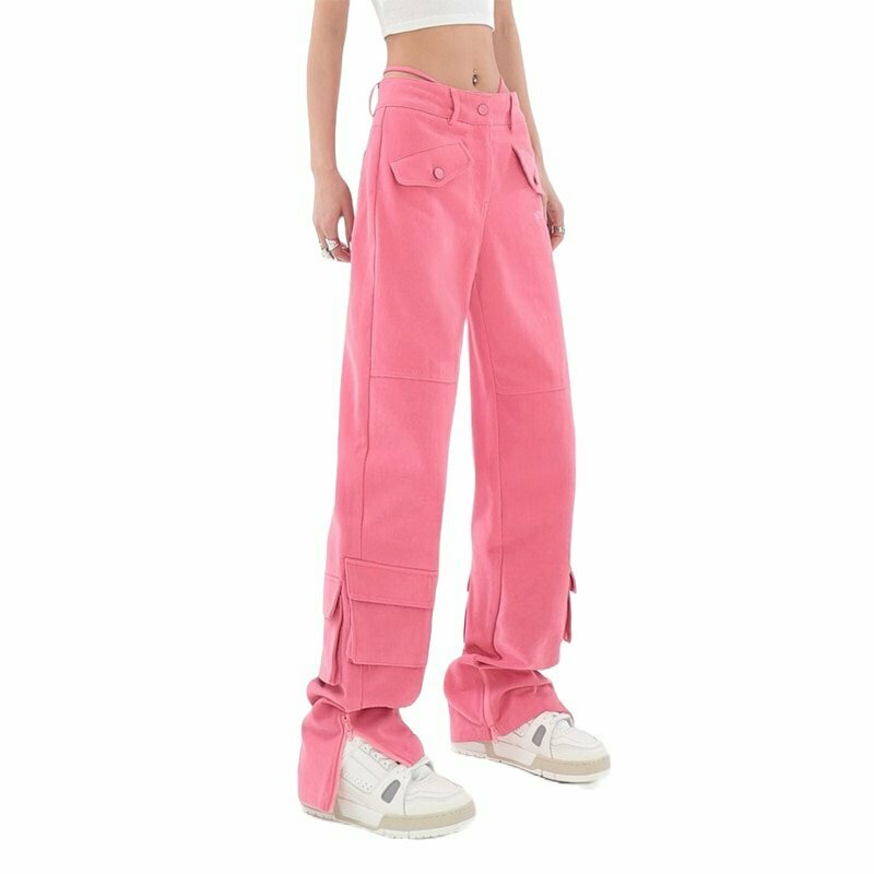 Y2K Pink Cargo Jeans - Vintage 90s Streetwear, Grunge Summer Outfit, Retro Hip Hop Fashion