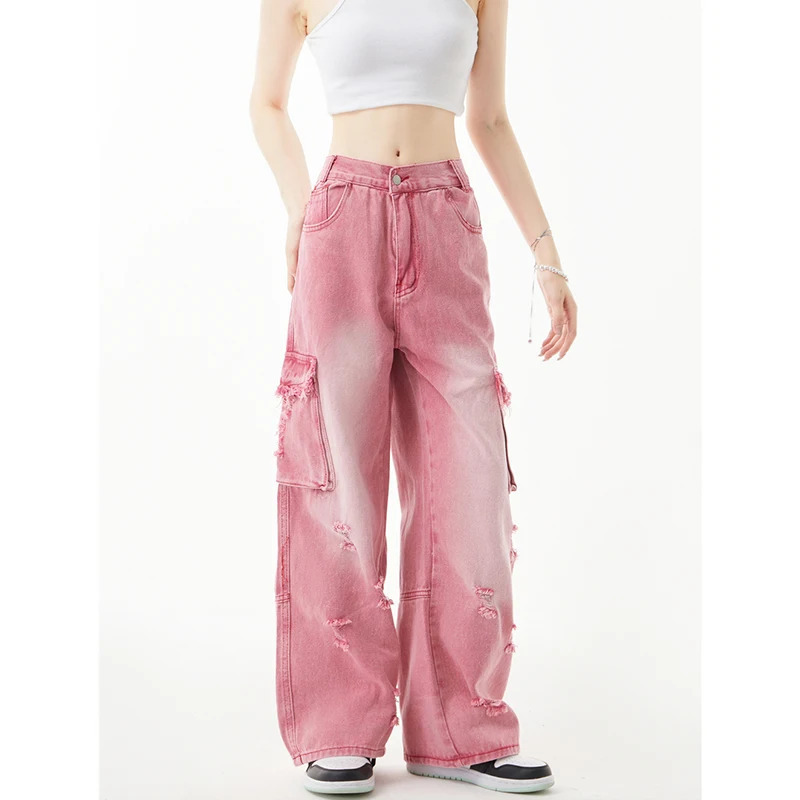 Y2K Pink Cargo Pants: High Waist Vintage Fashion Wide Leg Trousers