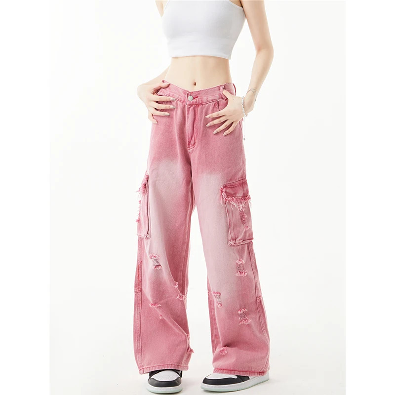 Y2K Pink Cargo Pants: High Waist Vintage Fashion Wide Leg Trousers