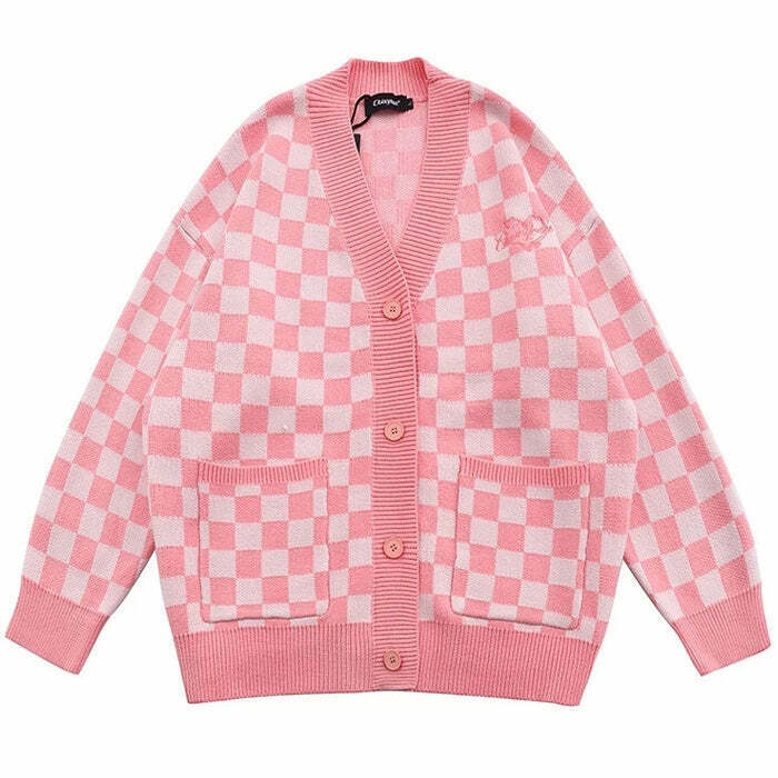 Y2K Pink Checkered Cardigan - 90s Grunge, Retro Summer Outfit, Pastel Goth Fashion