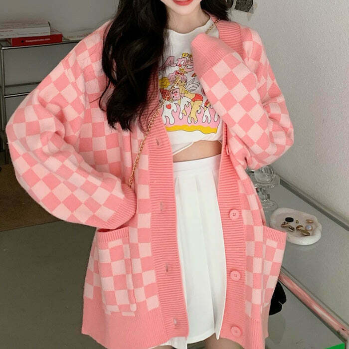 Y2K Pink Checkered Cardigan - 90s Grunge, Retro Summer Outfit, Pastel Goth Fashion