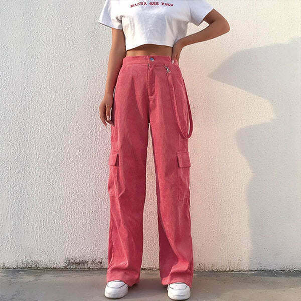 Y2K Pink Cord Cargo Pants - 90s Grunge Summer Outfit, Retro Y2K Fashion, Pastel Goth