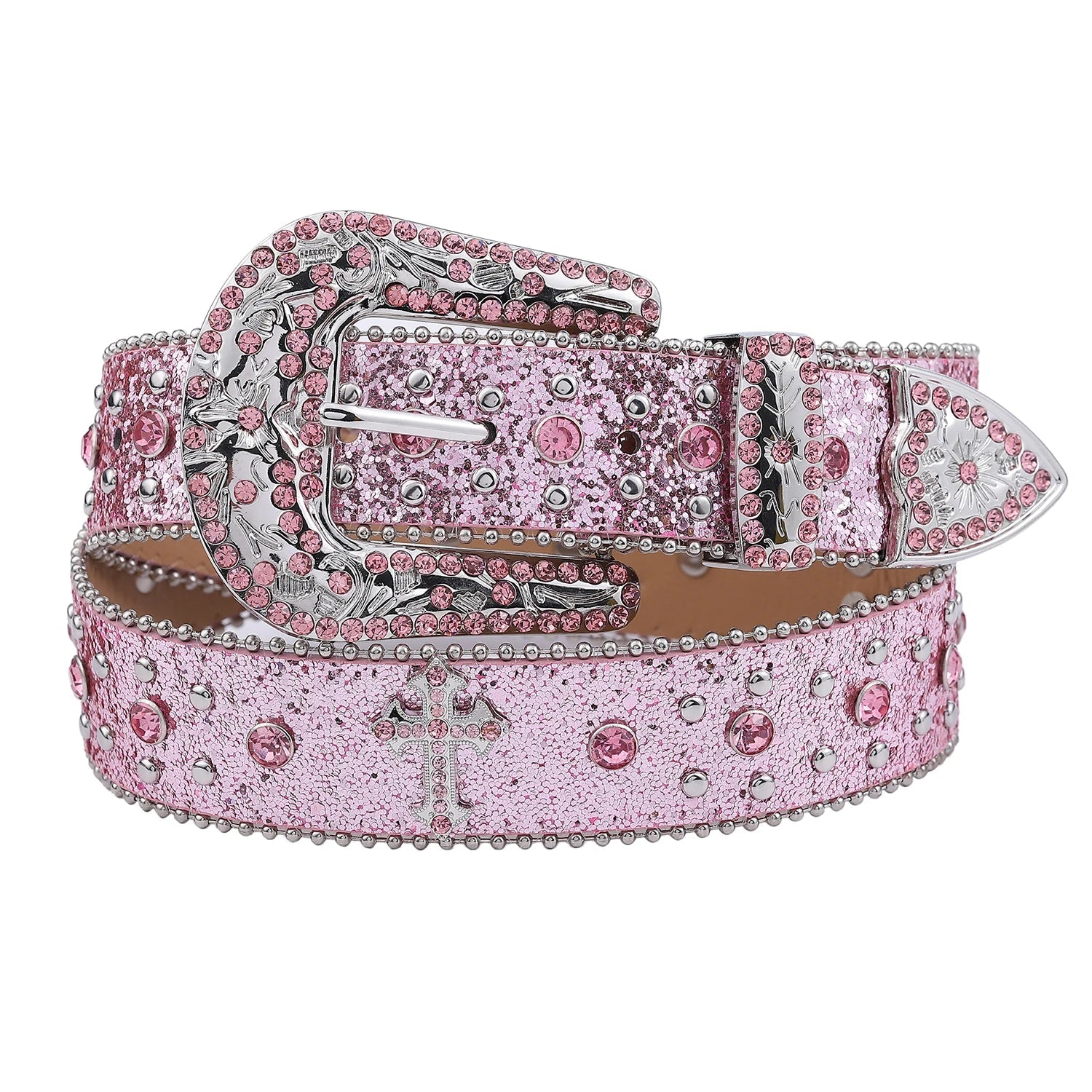 Y2K Pink Cross-Rivet Rhinestone Belt - 90s Grunge, Retro, Gothic, and Summer Fashion