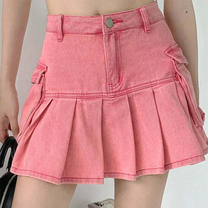 Y2K Pink Denim Cargo Mini Skirt - 90s Grunge, Retro Summer, Pastel Goth, Y2