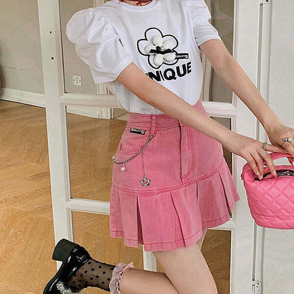 Y2K Pink Denim Skirt - 90s Grunge Summer Outfit, Retro Y2K Fashion, Pastel Goth